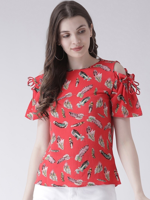 

The Vanca Red & Grey Printed Cold-Shoulder Sleeves Regular Top