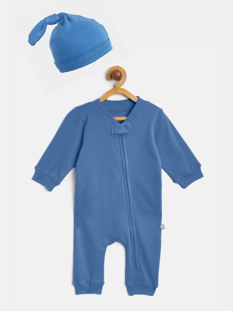 

cherrytoes Infant Blue Solid Cotton Romper With Beanie