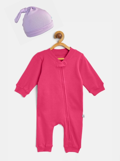 

Cherrytoes Infant Pink Solid Cotton Rompers With Beanie