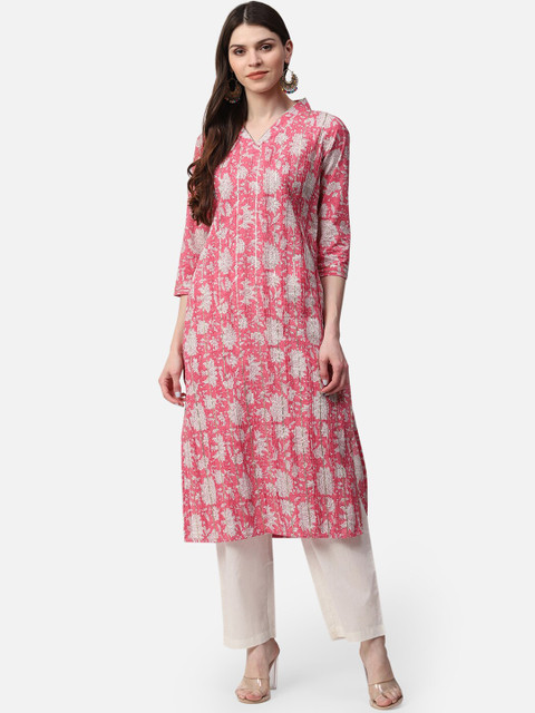 

AHIKA Women Pink & White Floral Printed Cotton Straight Kurta