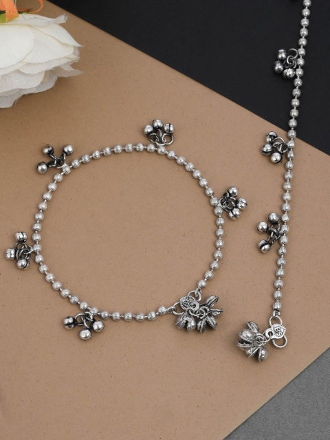 

Silvermerc Designs Set of 2 Oxidised Silver-Plated Handcrafted Beaded & Ghungroo Anklets