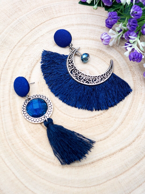 

Golden Peacock Navy Blue & Silver-Toned Tasselled Stone-Studded Mismatch Drop Earrings
