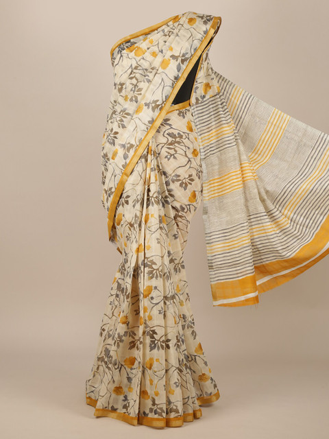 

Pothys Cream-Coloured Printed Jute Silk Saree