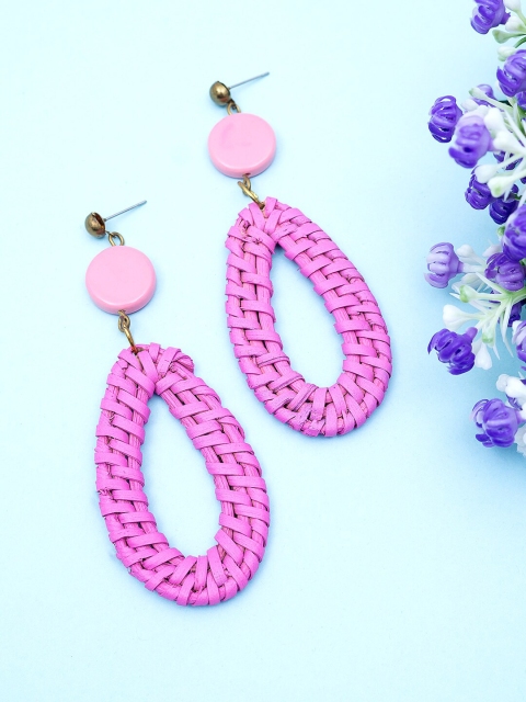 

Golden Peacock Pink Basketweave Textured Teardrop Shaped Drop Earrings