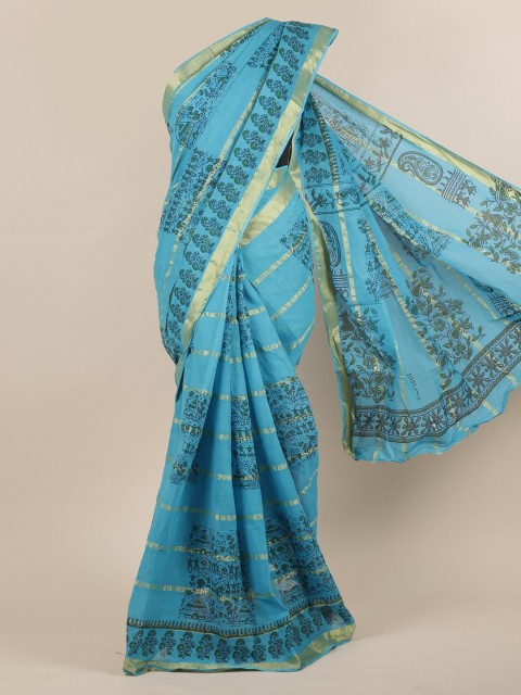 

Pothys Blue & Green Pure Cotton Printed Saree
