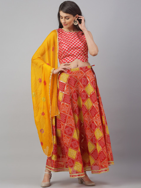 

ANAISA Women Pink & Yellow Flared Kota Doria Gotta Work Skirt With Top & Dupatta