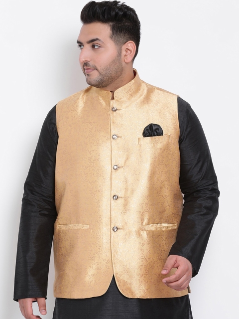 

Hangup Men Gold-Coloured Woven Design Nehru Jacket