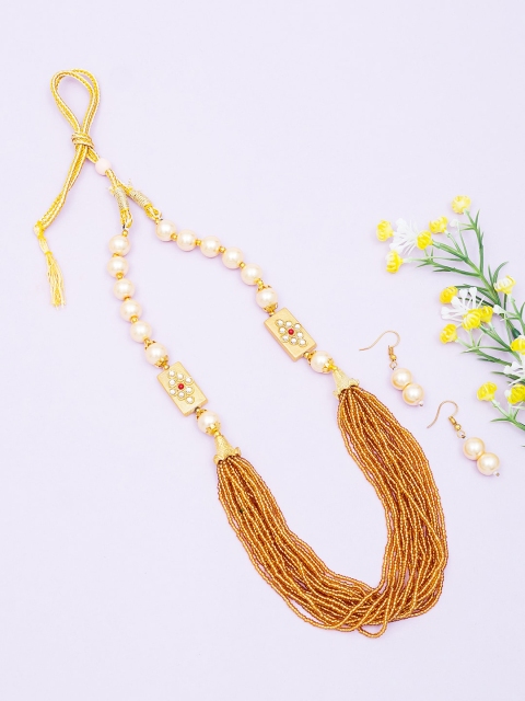 

Golden Peacock Gold Toned-White & Red Studded & Beaded Handcrafted Jewellery Set