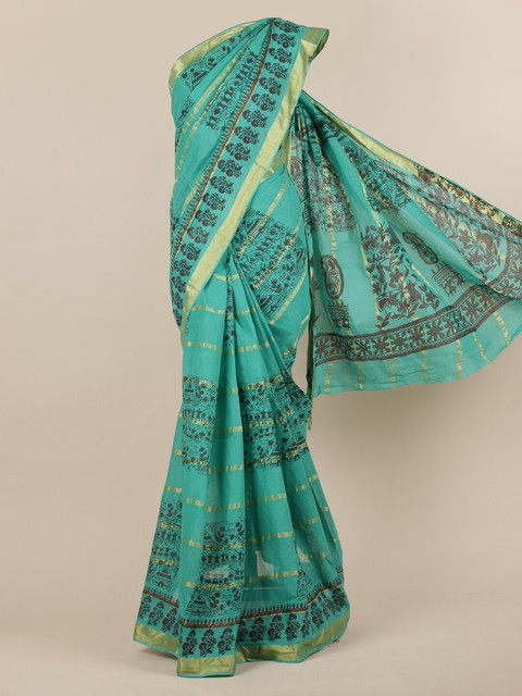 

Pothys Green & Black Pure Cotton Floral Printed Saree