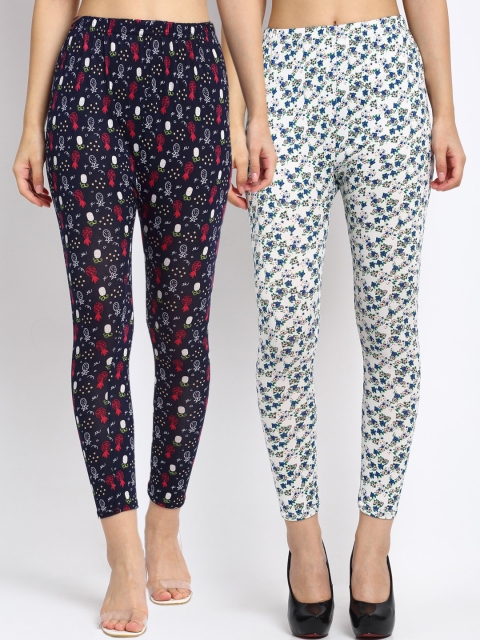 

NEUDIS Women Pack of 2 Printed Skinny Fit Ankle Length Crop Leggings, Navy blue