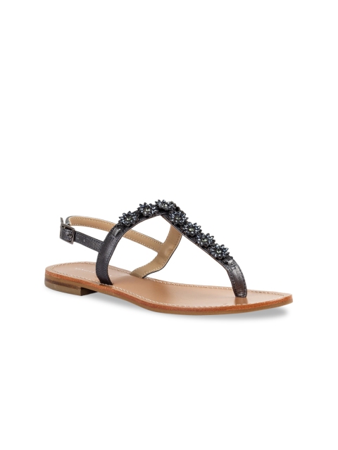 

Vanilla Moon Women Gunmetal-Toned Embellished Leather T-Strap Flats, Metallic