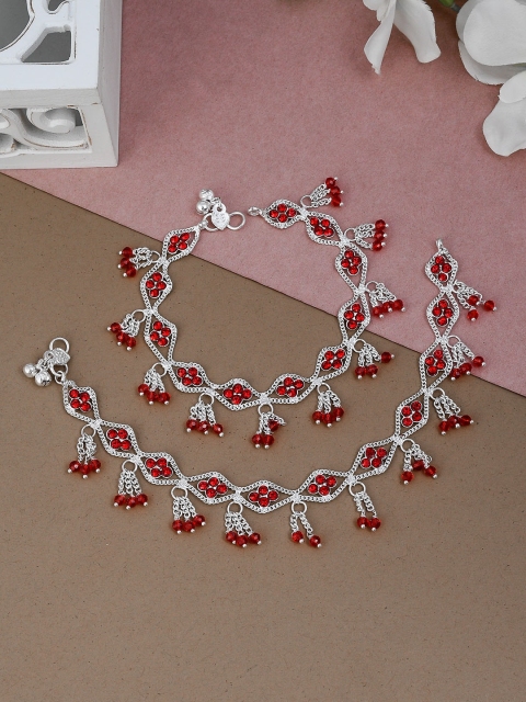 

Silvermerc Designs Set Of 2 Silver-Plated Red Beaded Anklets