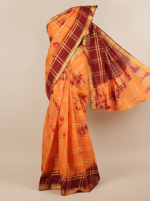 

Pothys Orange & Gold-Toned Pure Cotton Checked Saree