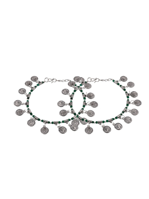 

Silvermerc Designs Set Of 2 Silver-Plated Green Beaded Handmade Anklets