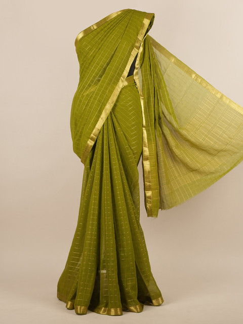 

Pothys Green & Gold-Toned Poly Chiffon Checked Saree