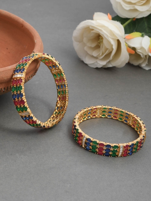 

Silvermerc Designs Set Of 2 Gold-Plated Green & Pink Ruby & Diamond-Studded Bangles