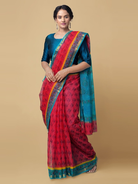 

Unnati Silks Red & Blue Pure Cotton Printed Handloom Kota Saree