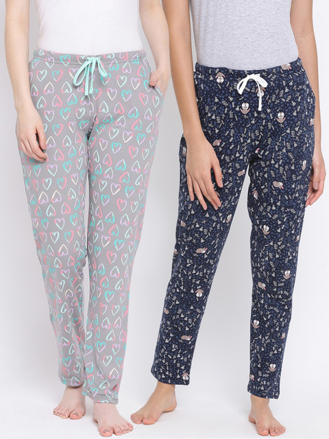 

Kanvin Women Pack of 2 Printed Pure Cotton Lounge Pants, Navy blue