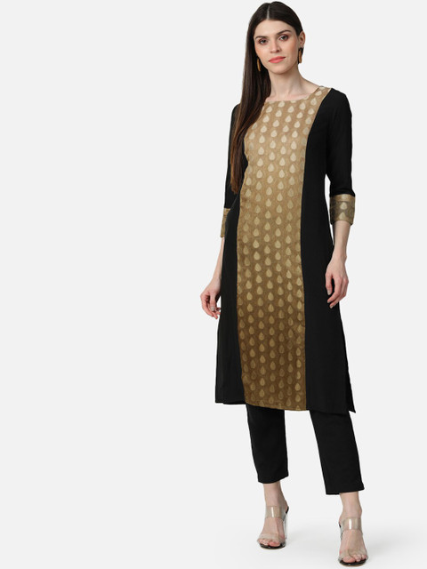 

AHIKA Women Black & Brown Geometric Printed Panelled Straight Kurta