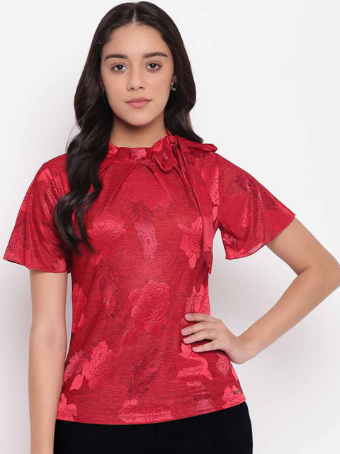 

Miss Grace Maroon Floral Printed Tie-Up Neck Flared Sleeves Regular Top