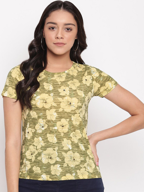 

Miss Grace Mustard Yellow & Green Floral Printed Pure Cotton Regular Top