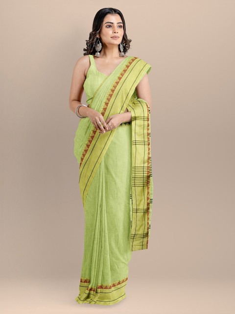 

BharatSthali Green Silk Cotton Solid Maheshwari Saree