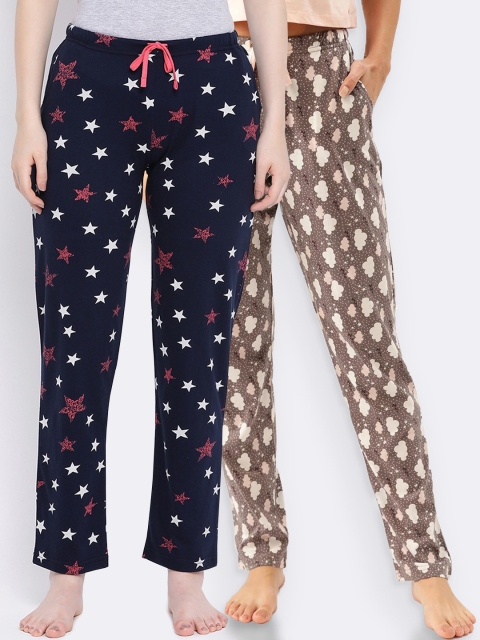 

Kanvin Women Pack of 2 Printed Pure Cotton Lounge Pants, Brown