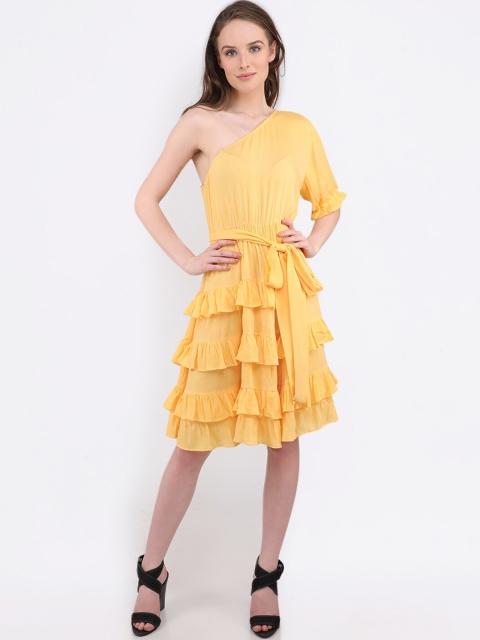 

MARC LOUIS Women Yellow Solid Tiered Fit and Flare Dress