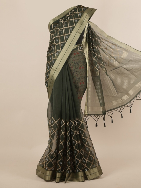 

Pothys Green & Gold-Toned Organza Printed Saree
