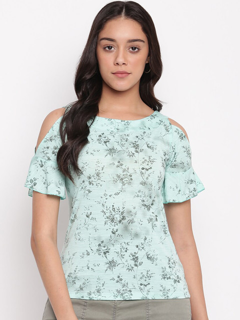 

Miss Grace Green Floral Printed Cold-Shoulder Sleeves Pure Cotton Regular Top