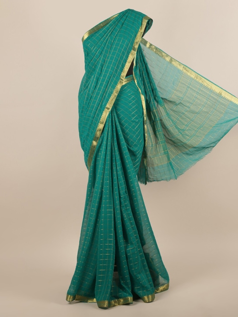 

Pothys Green & Gold-Toned Poly Chiffon Checked Saree