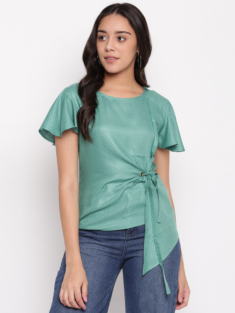 

Miss Grace Green Geometric Flutter Sleeves Pure Cotton Regular Top