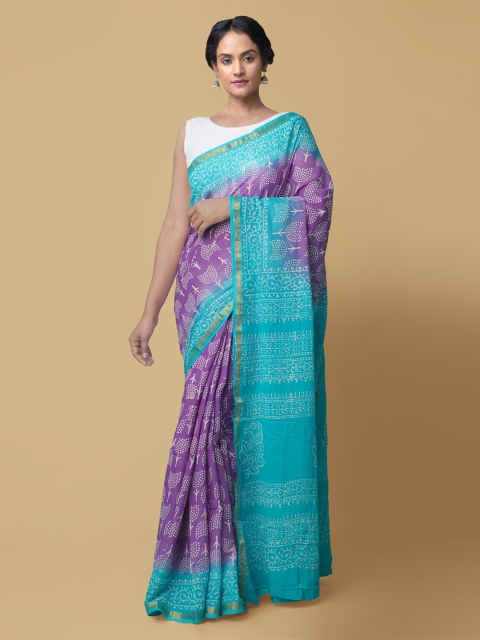 

Unnati Silks Purple & Turquoise Blue Pure Cotton Printed Block Print Handloom Saree