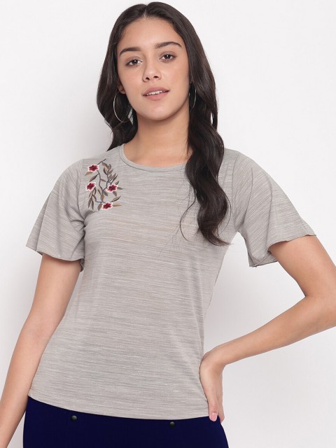 

Miss Grace Grey & Green Striped Pure Cotton Regular Top With Grindle Effect