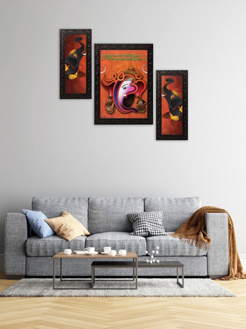 

Indianara Set Of 3 Digital Ganesha Printed Framed Wall Paintings, Black