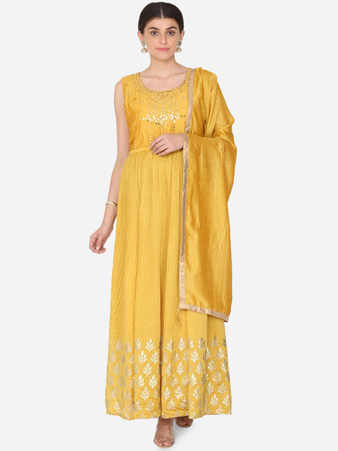 

BOMBAY SELECTIONS Women Yellow Embroidered Kurta with Salwar & Dupatta