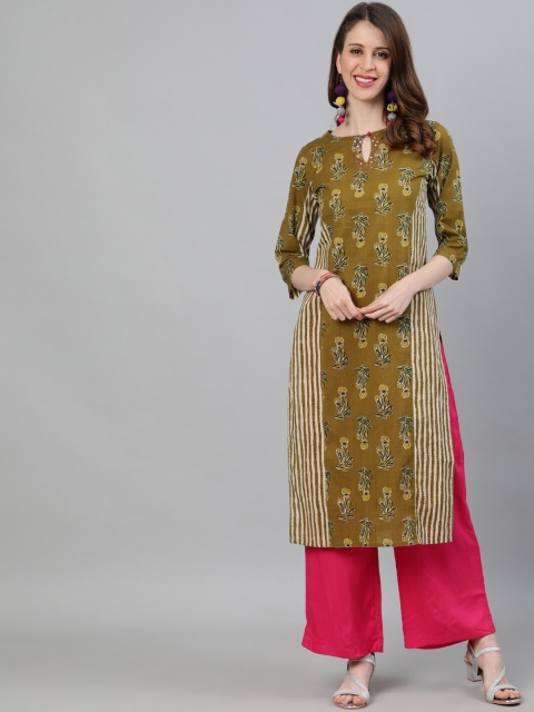 

Jaipur Kurti Women Olive Green Ethnic Motifs Printed Keyhole Neck Sequins Kurta