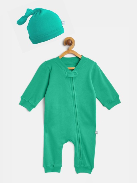

cherrytoes Infant Green Solid Cotton Romper With Beanie