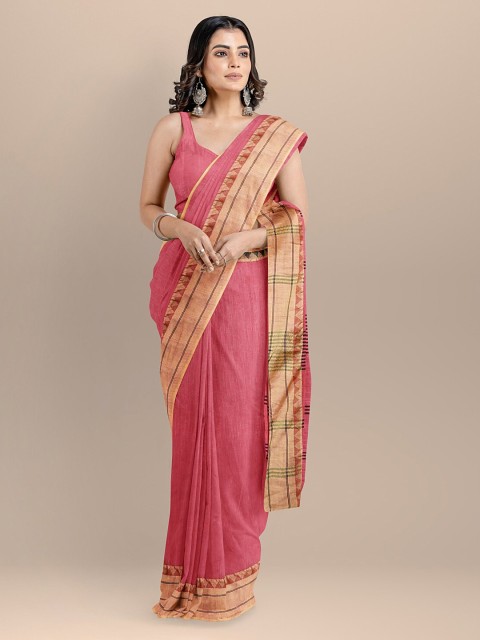 

BharatSthali Red Silk Cotton Solid Handloom Maheshwari Saree