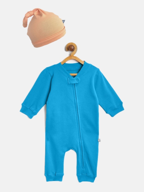 

cherrytoes Infant Solid Cotton Romper With Beanie, Blue