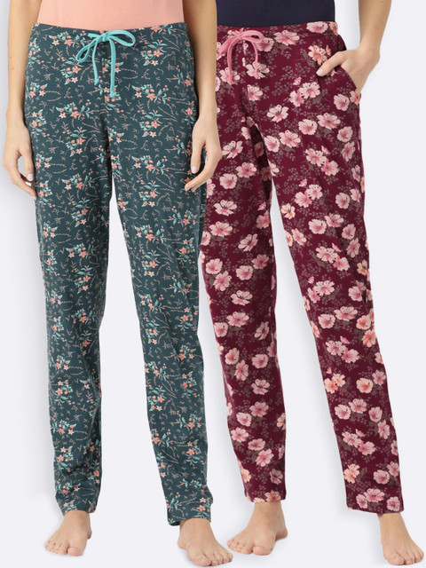 

Kanvin Women Pack of 2 Floral Print Pure Cotton Lounge Pants, Maroon
