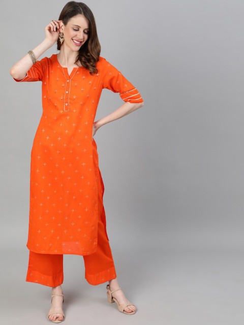 

Jaipur Kurti Women Orange Printed Kurta with Trousers