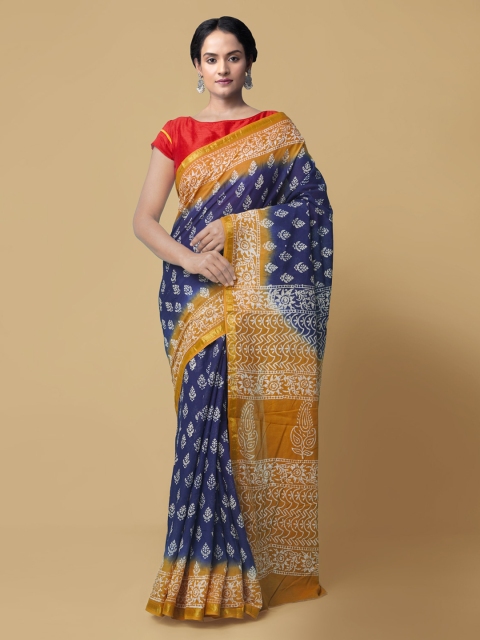 

Unnati Silks Blue Pure Cotton Hand Block Printed Saree