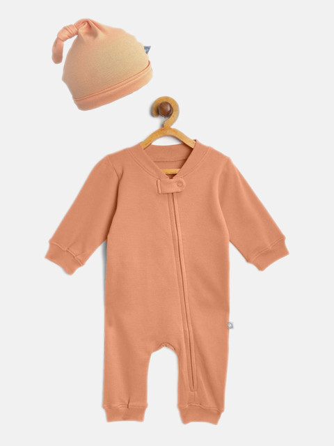 

cherrytoes Infant Peach-Colored Solid Cotton Romper with Beanie