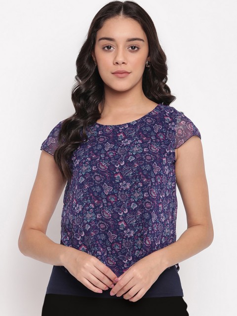 

Miss Grace Navy Blue & Off White Floral Printed Pure Cotton Regular Top