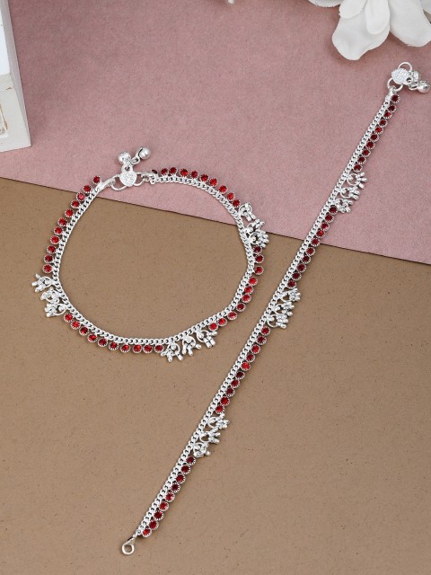 

Silvermerc Designs Set Of 2 Silver-Plated Red Stone-Studded Barefoot Sandals Ghungroo Anklets