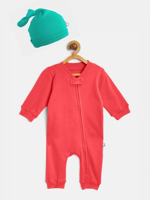 

Cherrytoes Infant Kids Red & Green Solid Cotton Rompers With Beanie