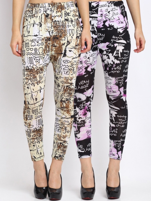 

NEUDIS Women Pack of 2 Printed Skinny Fit Ankle Length Crop Leggings, Brown