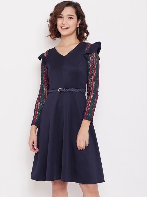 

Madame Women Navy Blue Solid Fit and Flare Dress
