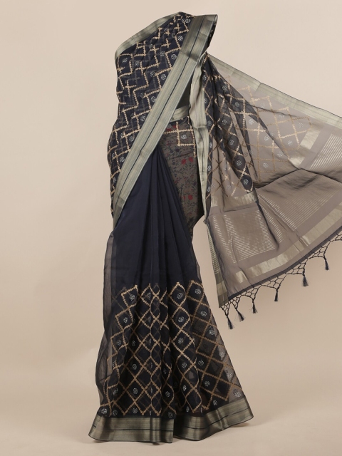 

Pothys Navy Blue Embellished Organza Saree